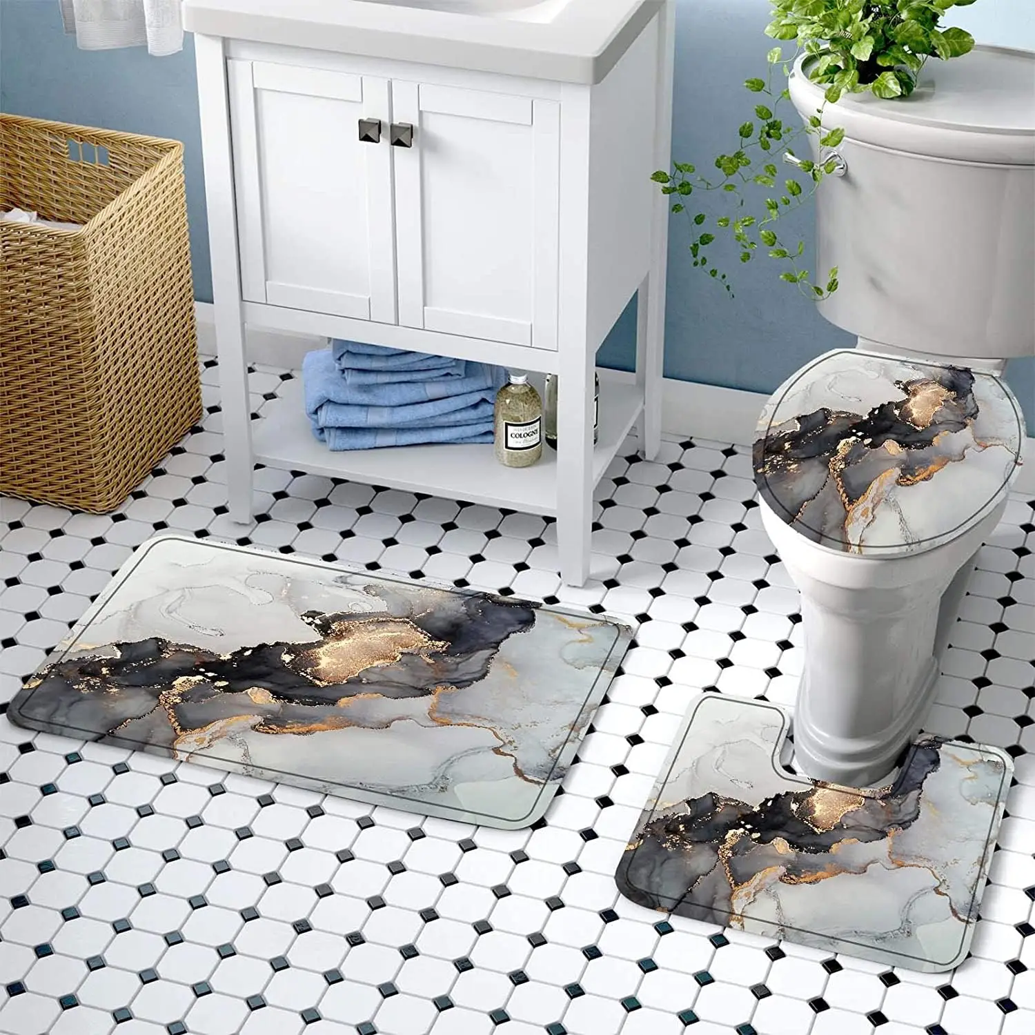 Thicken Designer Polyester Print Marble Shower Curtain Bath Mats Set Waterproof  Shower Curtain Sets and Toilet Rug Set