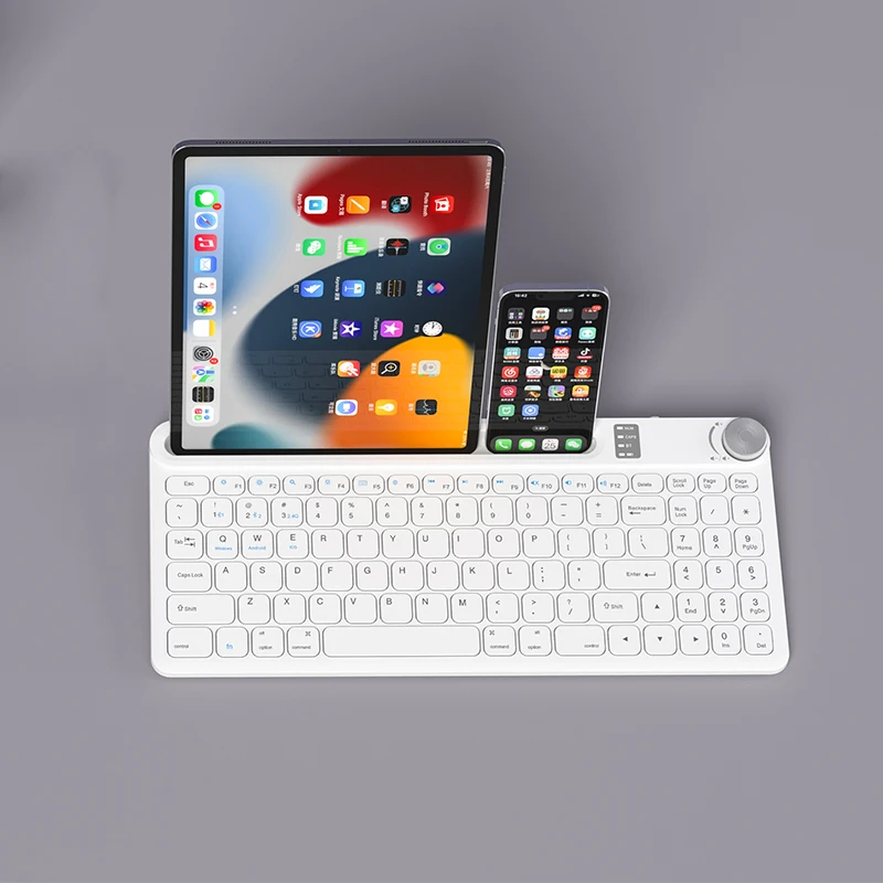 Bluetooth BT 2.4G Dual Mode Keyboard Rechargeable with Phone Holder  and Multimedia Knob for Tablet computer phone