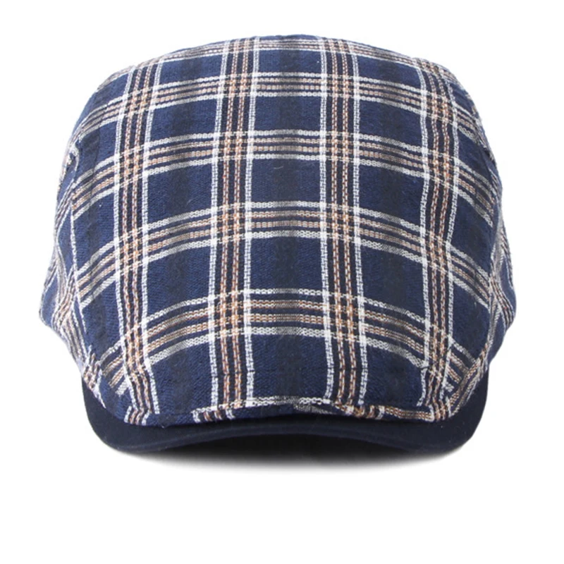 Classic Vintage Unisex Cotton Checked Newsboy Hat Ivy Gatsby Hats with Adjustable Metal Band Blue