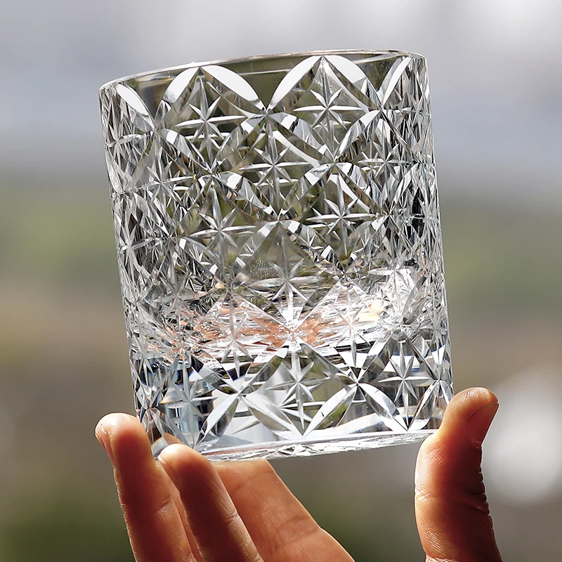 220ml K9 Clear Crystal Glass Whiskey Tumbler With Hand Carved Star Pattern Rocks Glass Edo Kiriko Circle Mesh Cocktail Glass Cup