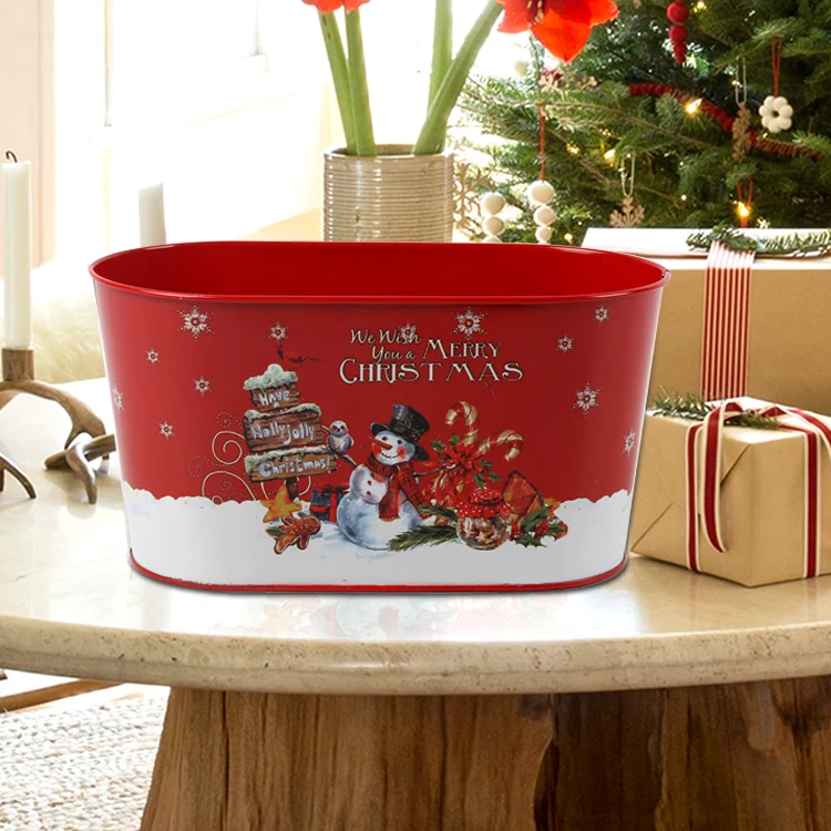 Красное овальное металлическое ведро оптовая продажа милое рождественское Подарочное ностальгическая подарочная корзина Рождественский контейнер упаковка/подарочная упаковка