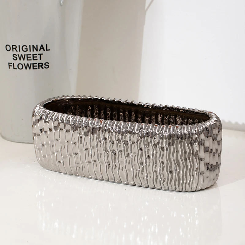 Luxury cheap fancy home decoration rectangle shape nordic gold-plated ceramic garden pot table flower pots wholesale