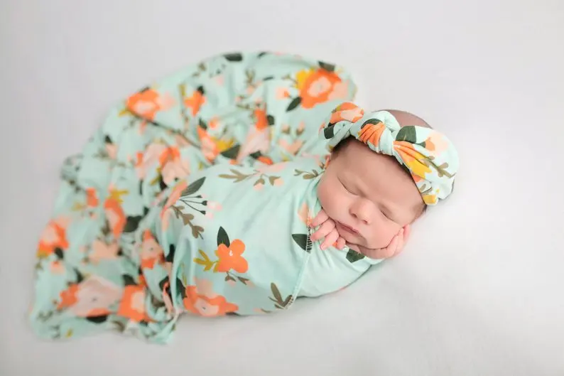 Newborn Baby Photo Shoot Props Soft Stretch Floral Printed Swaddle Wrap Blanket and Headband Set