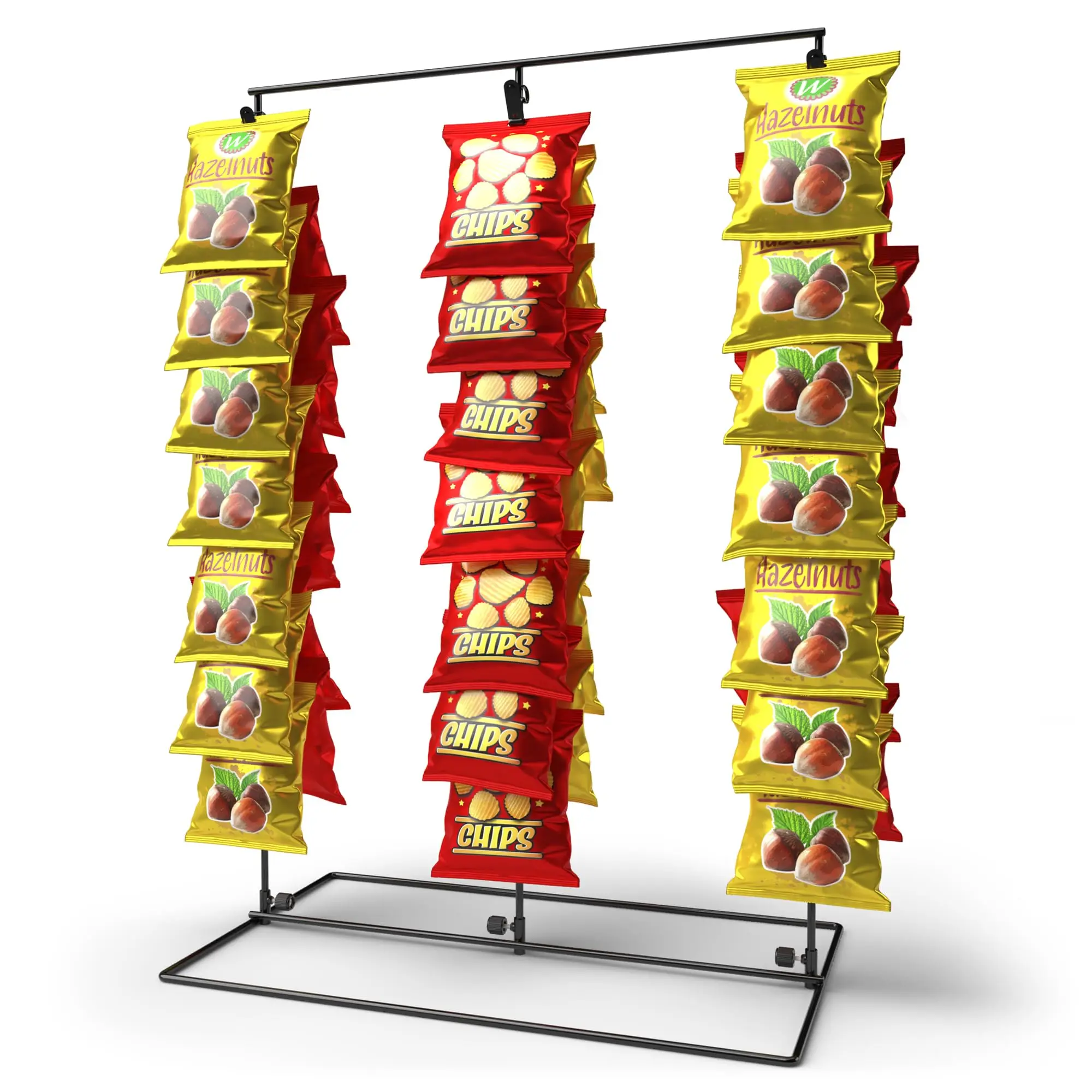 3-Row Potato Chip Rack Display Stand with 39 Clips, Snack Retail Display Rack, Chip Stand Display for Party Candy Cart