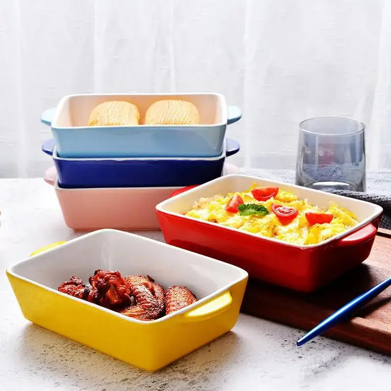 Nordic rectangular baking dish Ceramic plate Dinner plate Oven Baking dish with household cheese baked rice bowl