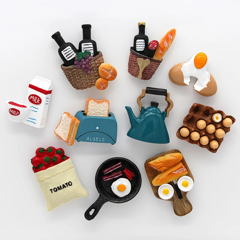 3D Decoration Magnetic Refrigerator Sticky Note Bread Machine Tomato Egg Teapot Milk Toy Custom Food Fridge Magnet For Children