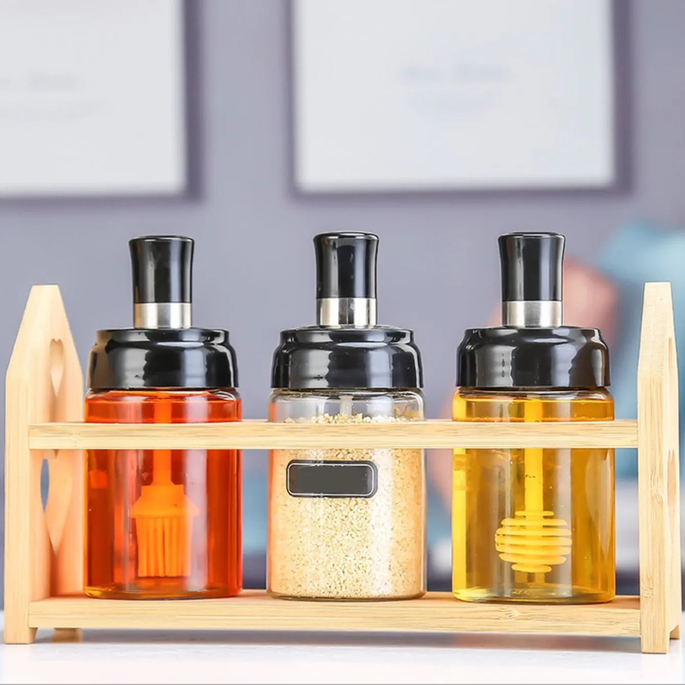  250ml*3pcs Full Set Salt Pepper Herb Spice Seasoning Bottle Jar Tools Container with Moisture-Proof Lid of Spoon Honey