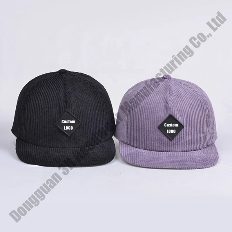 Wholesale Unstructured Flat Brim 5 Panel Corduroy Hat Custom Patch Logo Corduroy Snapback Caps Hats