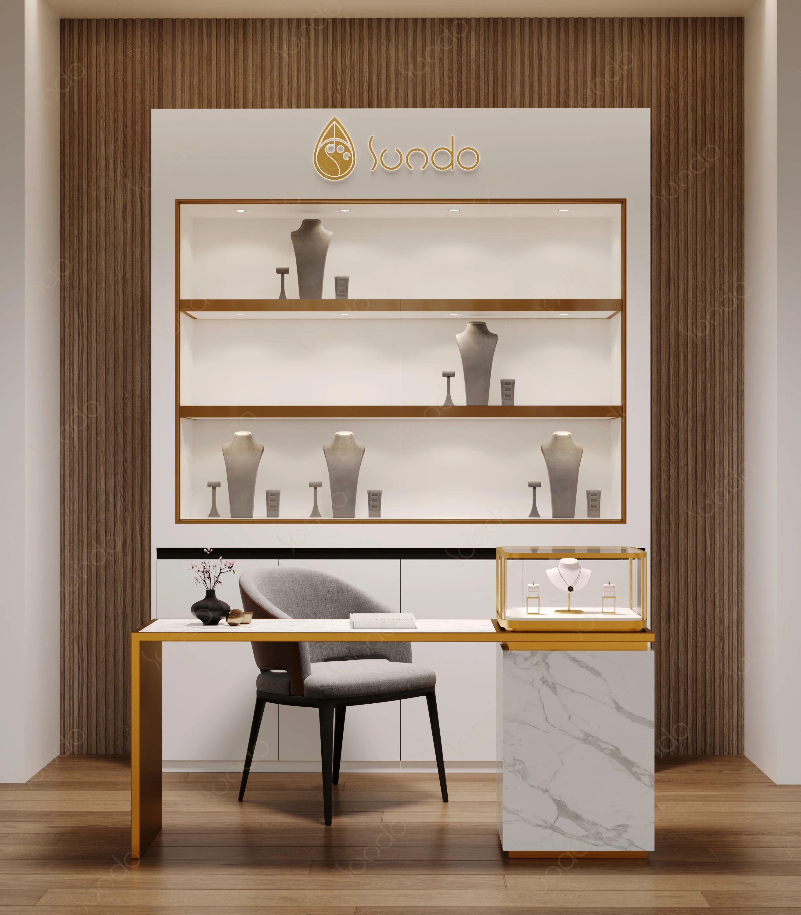 High-end custom jewelry display table luxury  jewellery wall cabinet Wood metal jewelry display case showcase