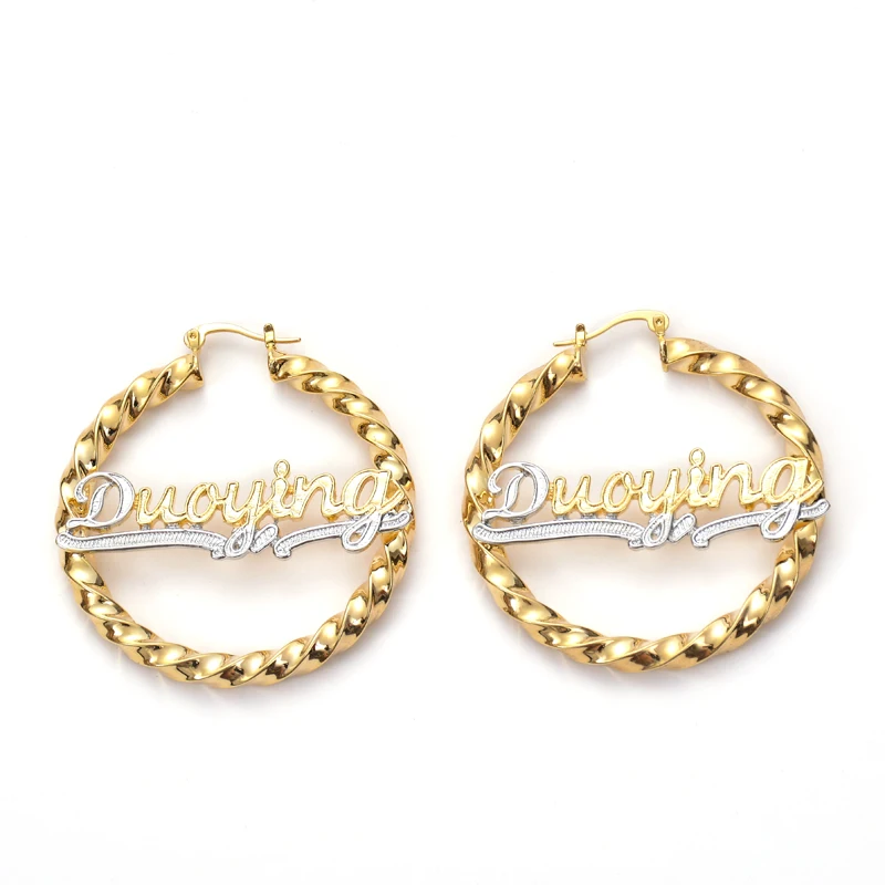 Hip-hop two tone Gold Plated oversize earring For Woman Wedding Party hippie twisted Custom 3d Name Hoop Earring