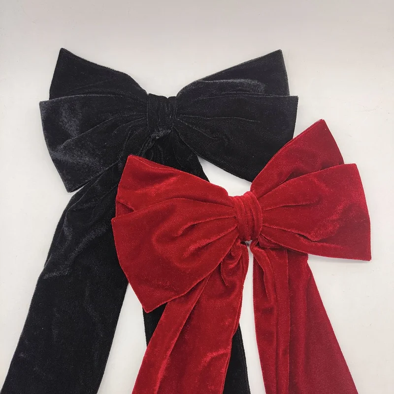 MIO Large velvet hair spring clip big bowtie sweet for lady red velvet bowknot women long tassel ribbon hairpins handmade