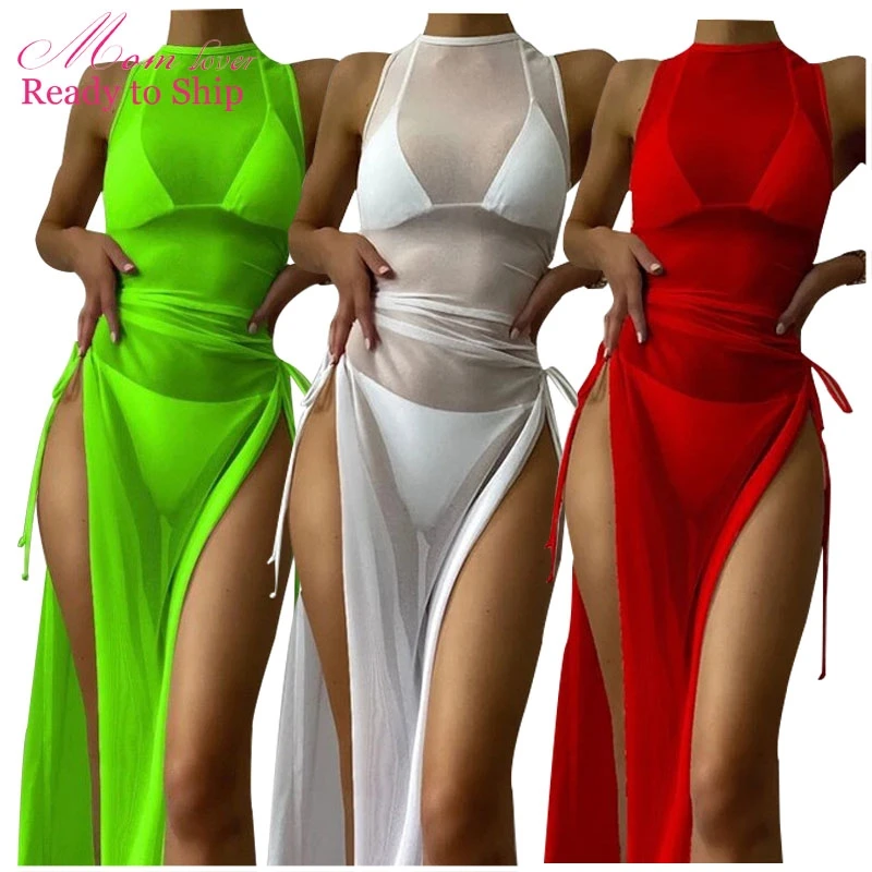 2022 wholesale women beach wear swimwear 3pcs bikini set tube  top mesh transparent pants sexy women swimsuit