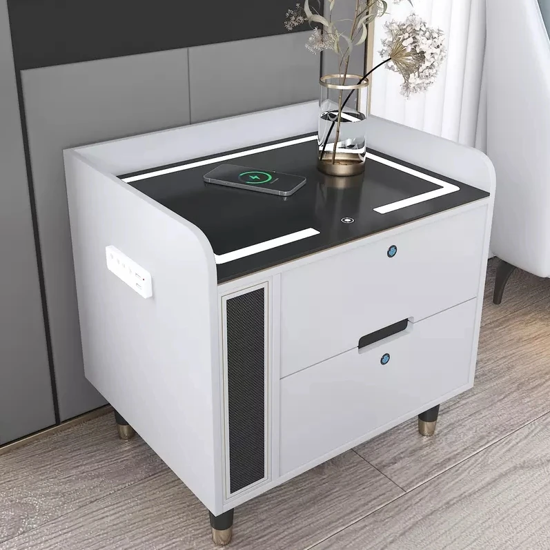 Simple Modern Fingerprint Lock Storage Bedside Table Smart Bedside Table with Wireless USB Charging