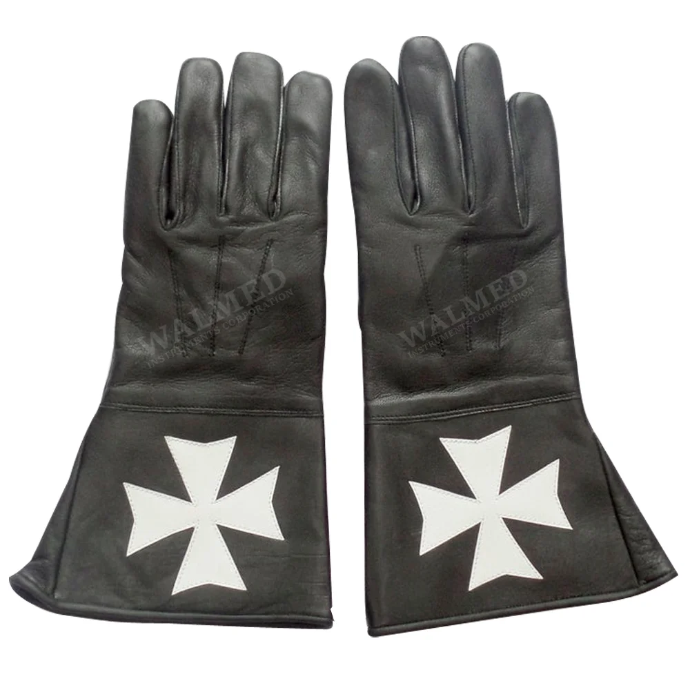 
Masonic Knight of Malta Black Gauntlets Soft Leather Made Gloves KM White Cross Masonic Gloves 
