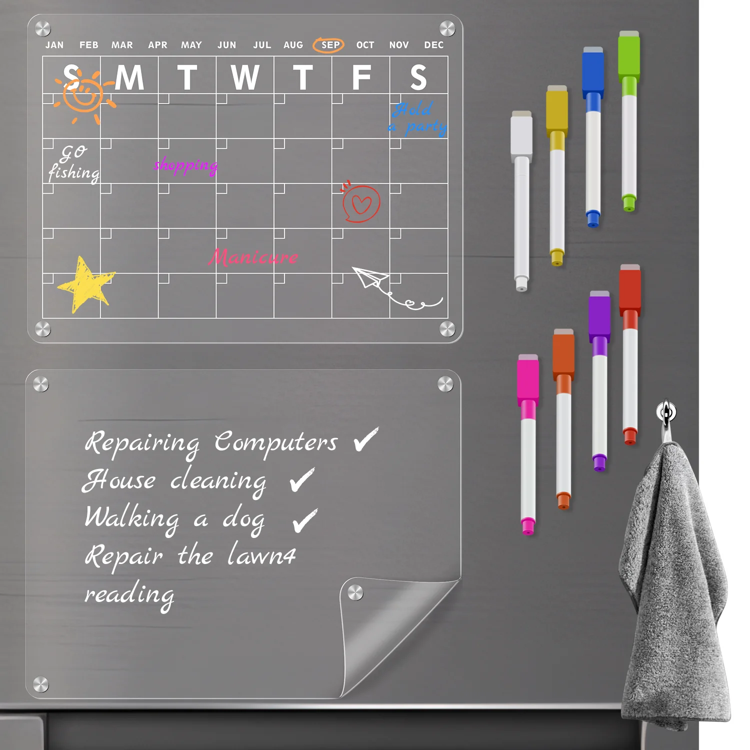 PVC Calendar for Fridge, 16'x 12' 2 Set of Clear Magnetic Monthly & Blank Planners for Refrigerator with 8 Colors markers