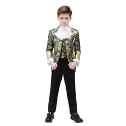 New Vintage Renaissance Antique Floral Patterns Three Pieces Children Boys Suits Performance Prince Charming Cosplay Kids Suit