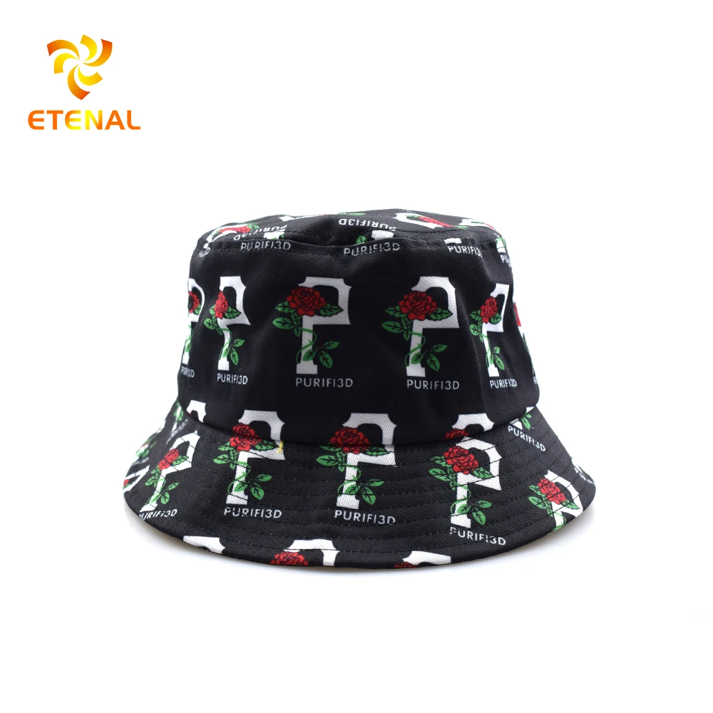 Reversible Custom Logo Allover Printed and Embroidered Cotton Fisherman Bucket Hat With Private Brand Label