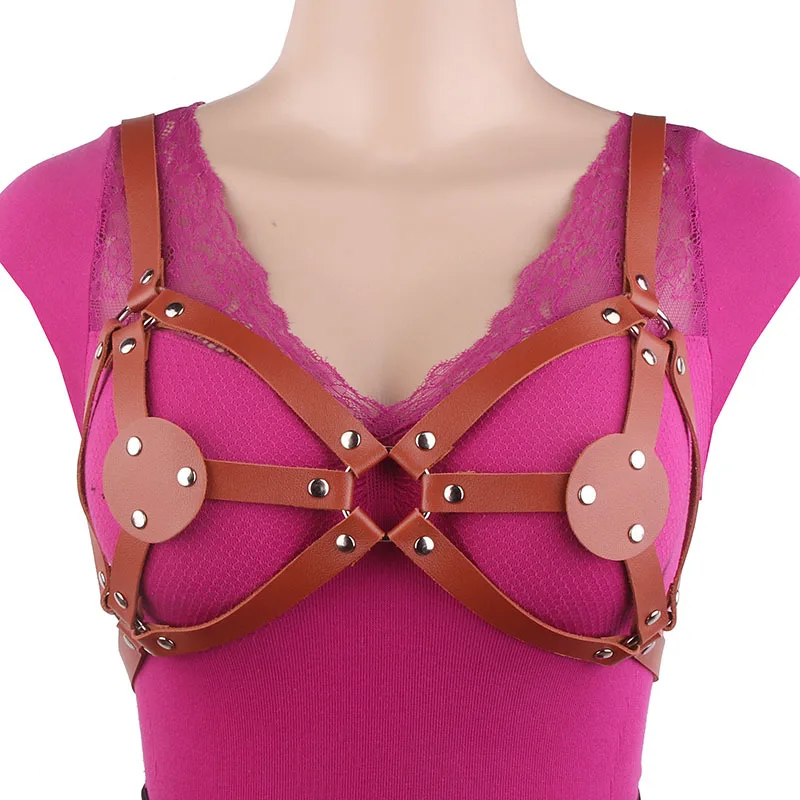 Leather Neck Collar Open Breast Bondage Body Harness Crop Top Cage Bra Gothic Punk Style For Women