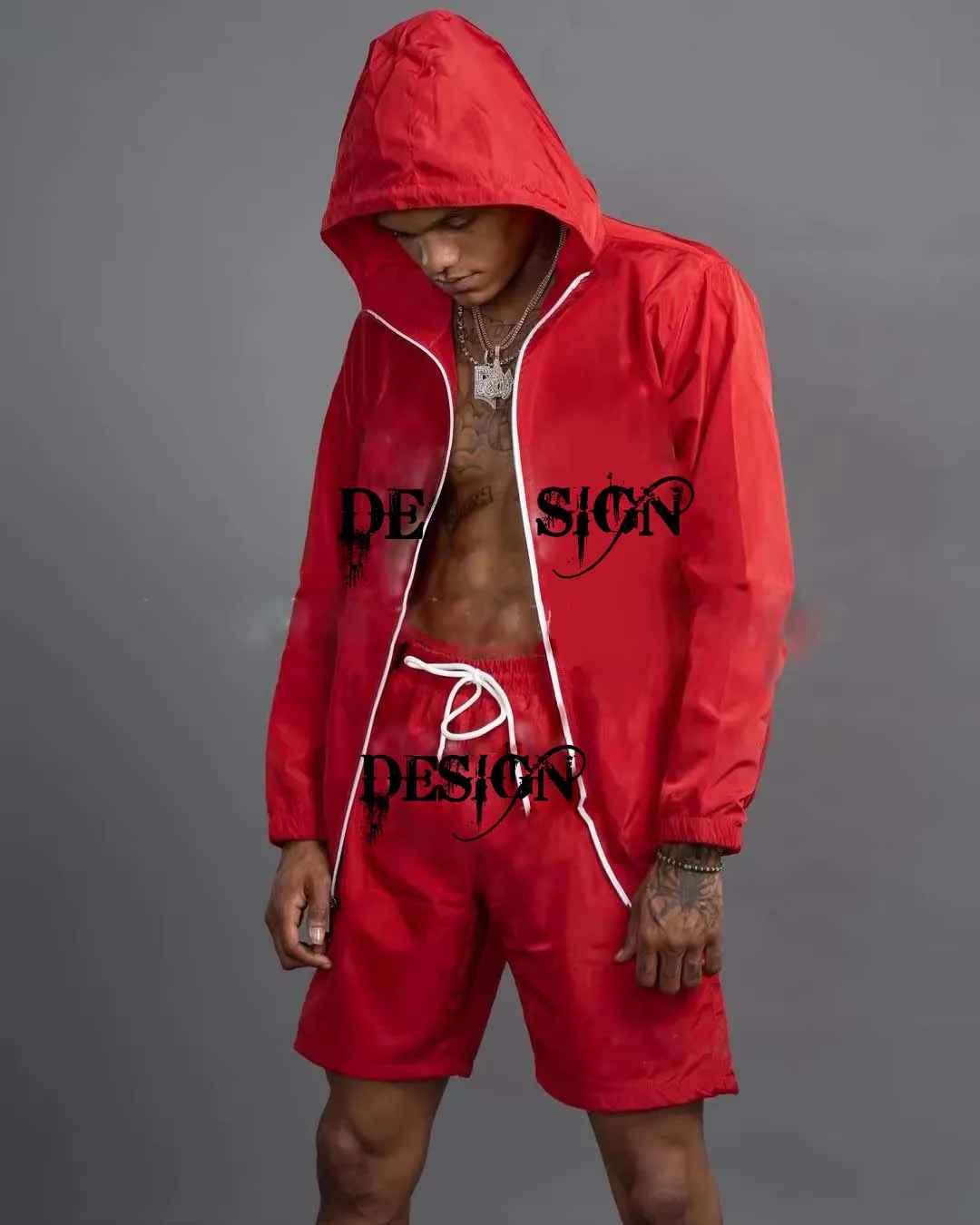 Custom Windbreaker Streetwear  2 Piece Shorts Jacket Tracksuit Nylon Reflective Zip Up Two Piece Windbreaker Tracksuit Men Sets