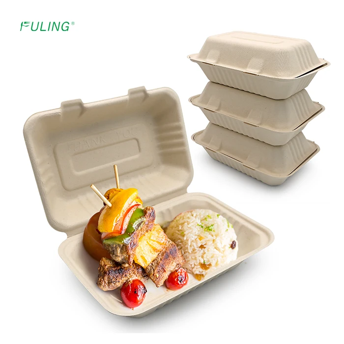 FULING Biodegradable paper plate disposable tableware bagasse food container clamshell lunch box to go