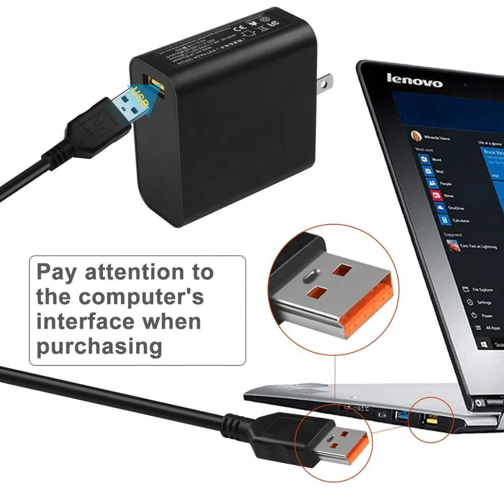 65W USB AC Charger Fit for Lenovo Yoga 3 Pro 1370 1170 1470  81JH 80HE Yoga 700 900 ADL65WDK Laptop Power Supply Adapter Cord
