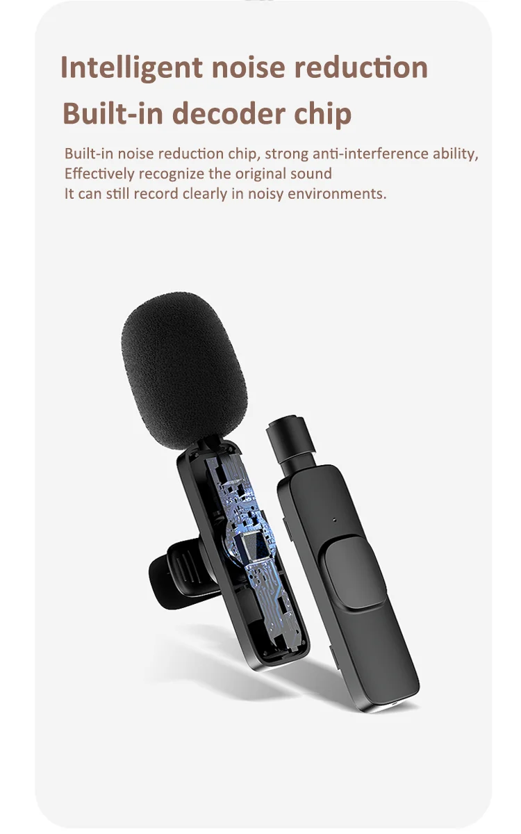 Latest Decoration Compatibility Clip Microphone Stand Auto-Sync Noise Reduction Wireless Lavalier Microphone with 2 Clips