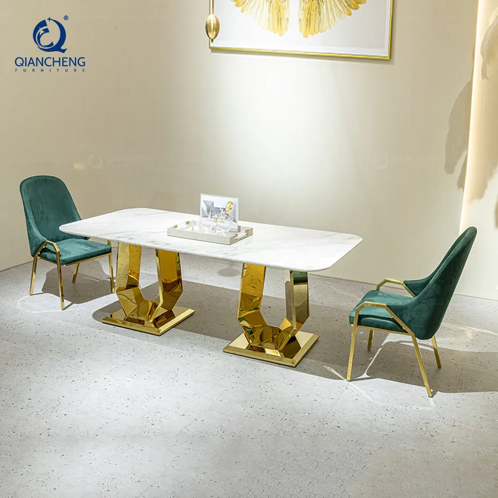 QIANCHENG New Designs Luxury Dinning Set Natural Real Green Marble Dining Tables Light Luxury Stainless Steel Home Furniture