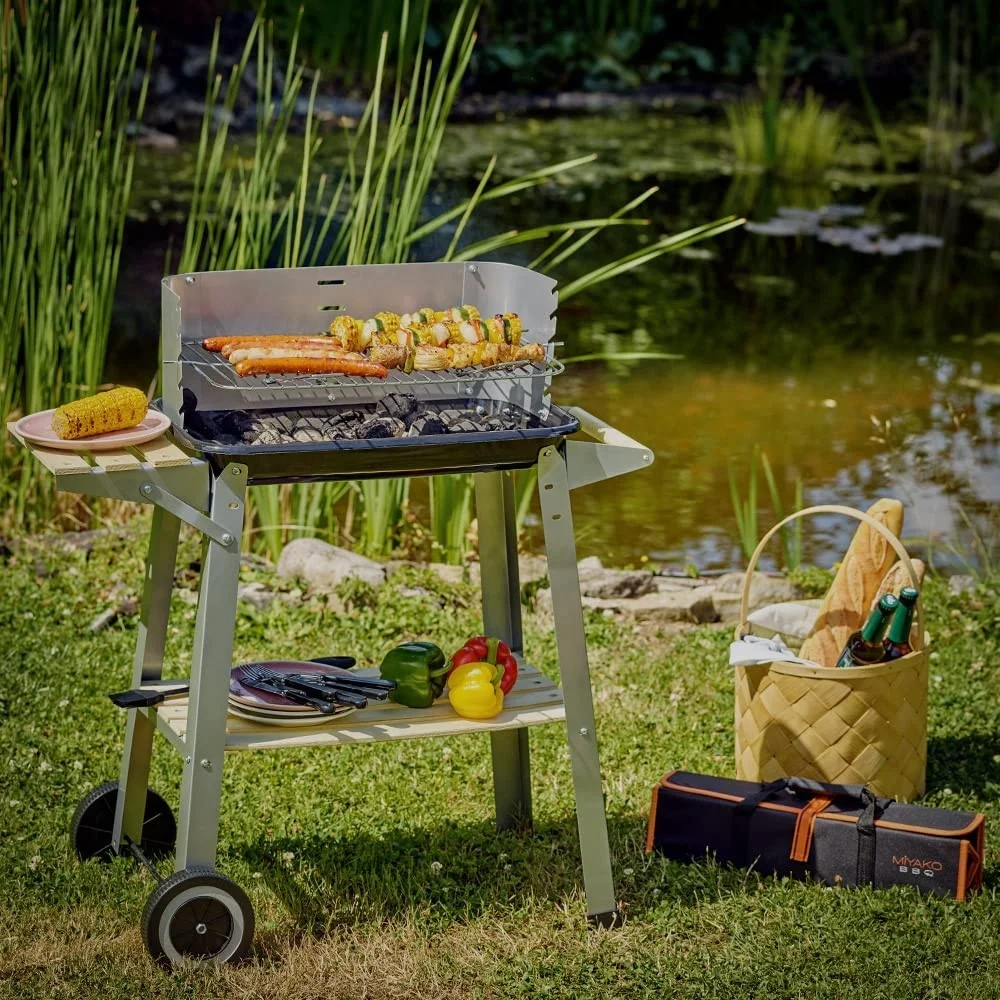 OEM ODM Support Portable Heavy Duty Steel BBQ Grill with Wheels Outdoor Barbecue Grill Trolley