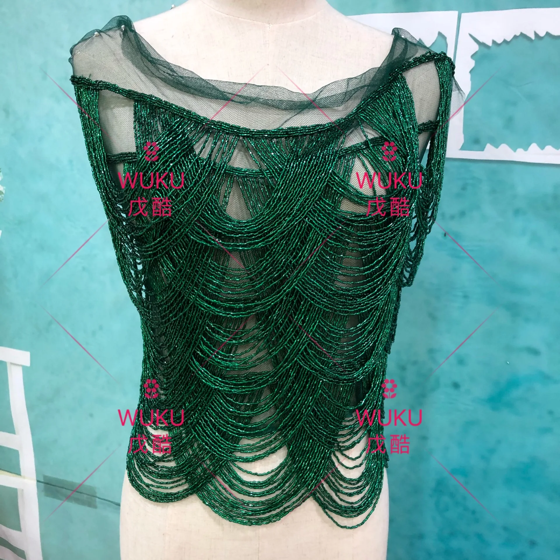 
top cover piece fringe tassel applique patch in dark green color 