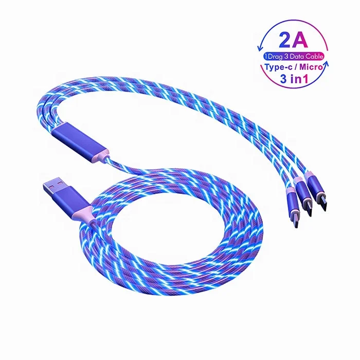 Wholesale 3In1 Led Flowing Light 3 in 1 Usb Luminous Charging Cables Tipo C One Drag Three Data Cable For Phone Cellphone