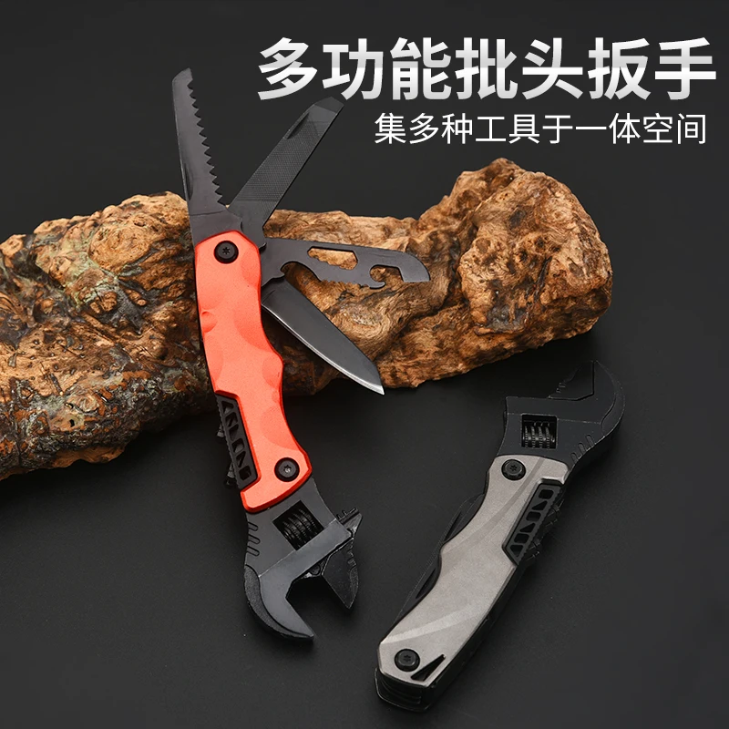 Outdoor camping multi-function wrench pliers  adjustable wrench folding knife saw EDC