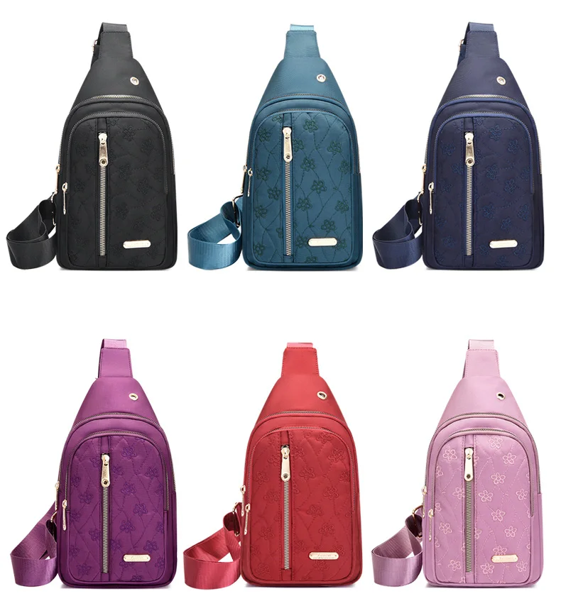 Women  Floral embroidery Quilted Crossbody Sling Backpacks Waterproof Zipper Chest Shoulder Bags For Cycling Hiking Travel