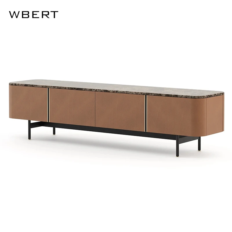 WBERT Italian Minimalist Smoked Solid Wood TV Stand Modern Luxury Marble Surface  for Living Room Low Cabinet