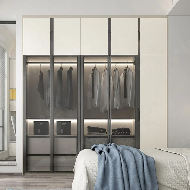 SUOFEIYA Minimalist White Lacquer Glossy Finish MDF Pull Out Doors Clothing Storage Wardrobes
