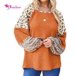 Wholesale Polyester Women Custom Knitwear Orange Leopard Colorblock Waffle Cloth Knit Top