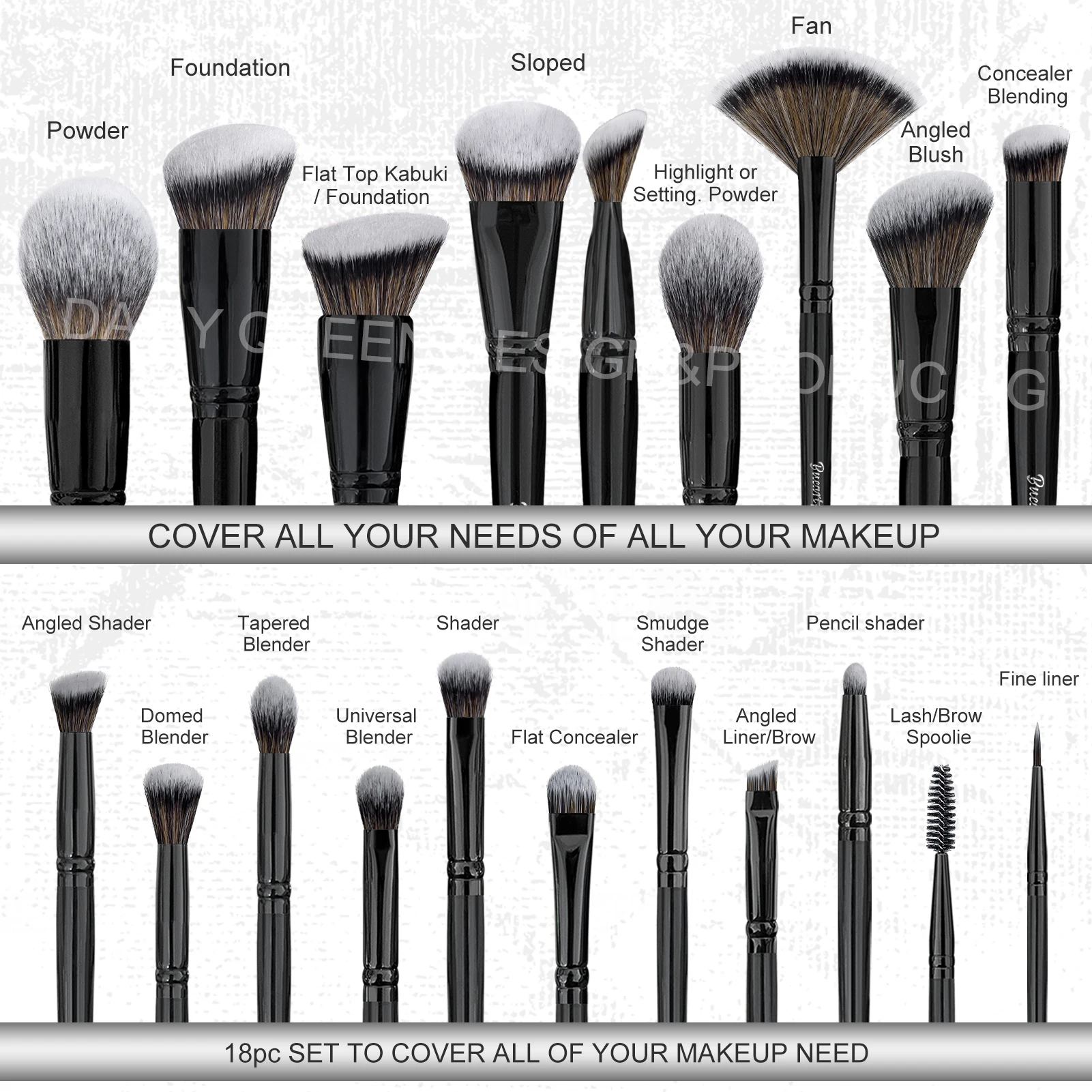DailyQueen NEW high-quality 19pcs Black super soft hair makeup brushes custom logo professional fan flat make up brush set