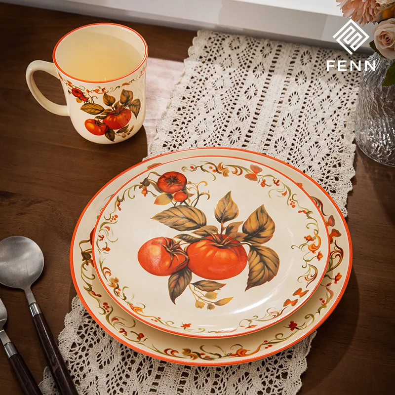 Custom porcelain plates wholesale ceramic dish tableware for home hand-painted tomato pattern crockery dinner set with mugs