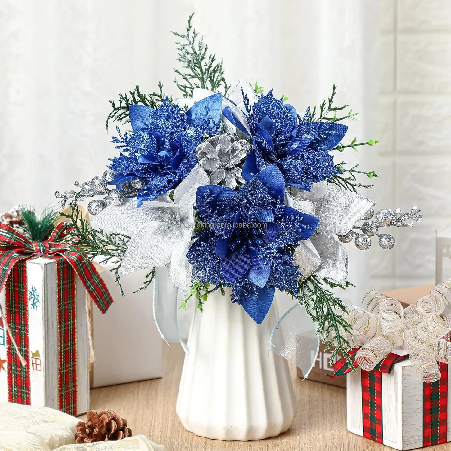 13.8 Inch Faux Velvet Poinsettia Berry Xmas Bush for Indoor Outdoor Christmas Tree Ornament Home Porch Decor