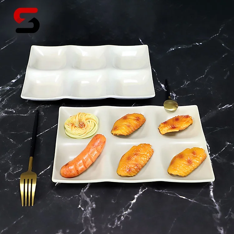 Matt 6 Compartment Divided Food Plate Rectangle Ceramic Plates Dinner Serving Tray For Hotel Restaurant