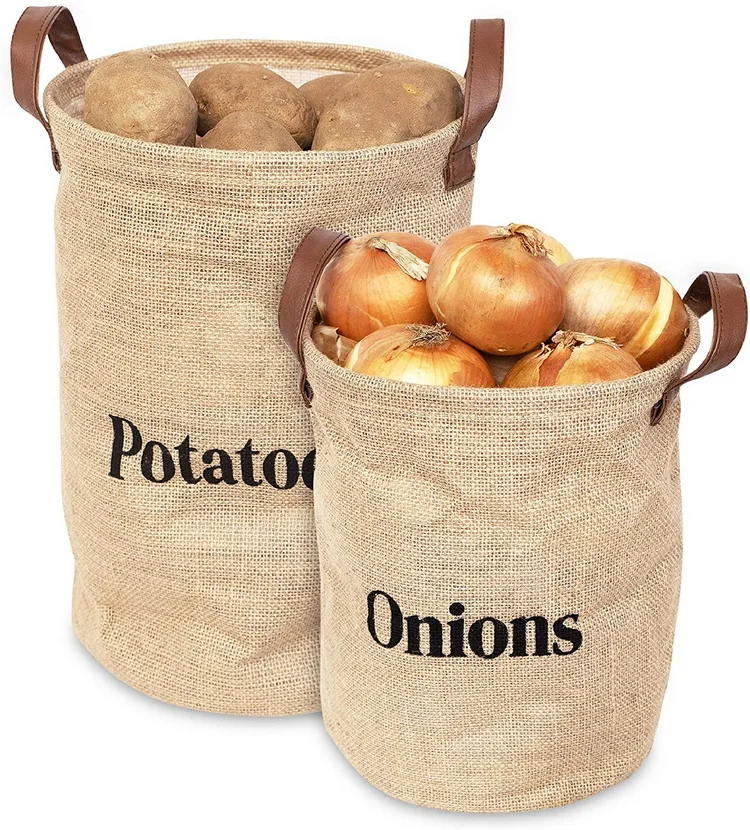 
2021 new style jute storage bag for potatoes and onions with leather handle 