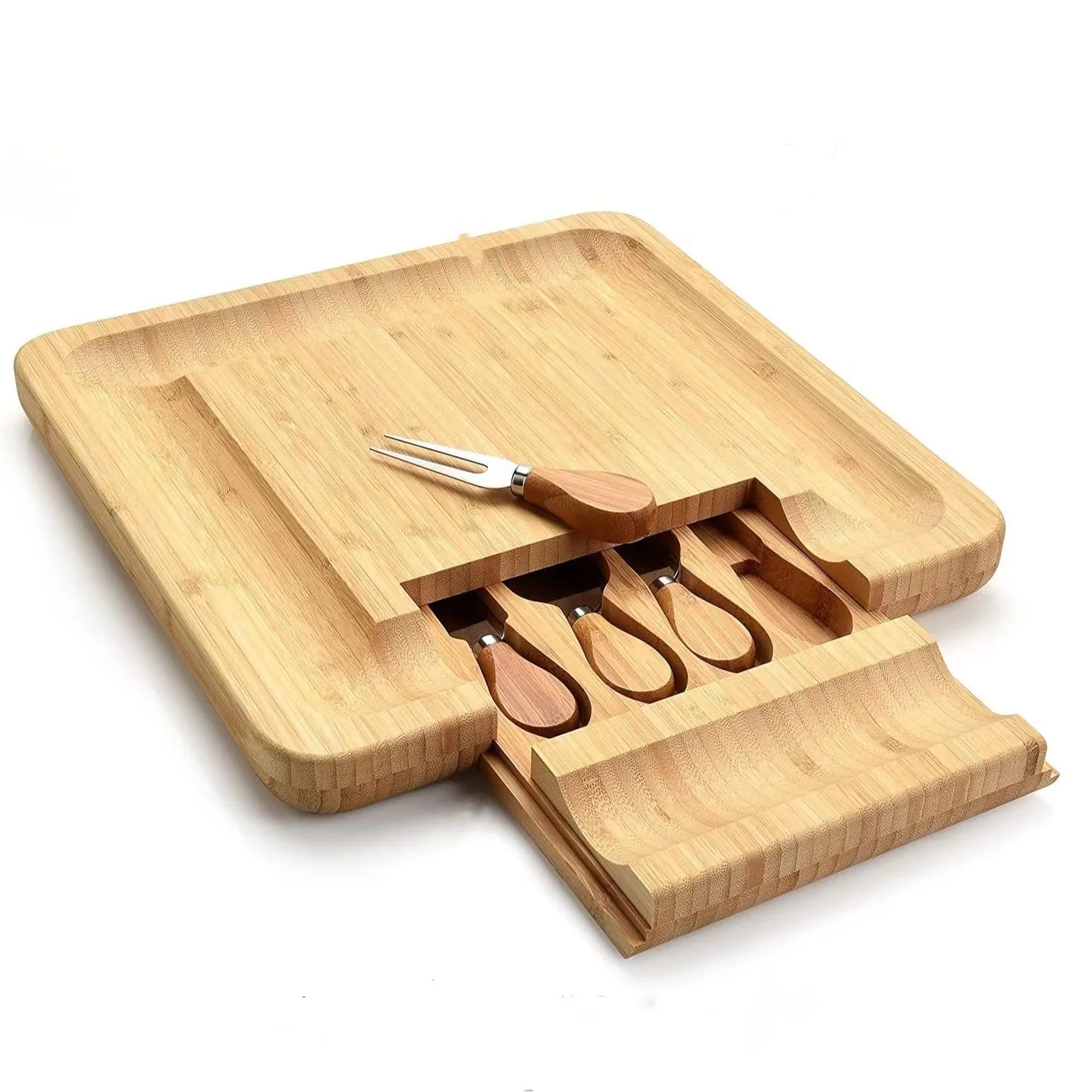 Unique Square Bamboo Cheese Board and Knife Set Serving Tray Multifunction Charcuterie Platter for Crackers Meat