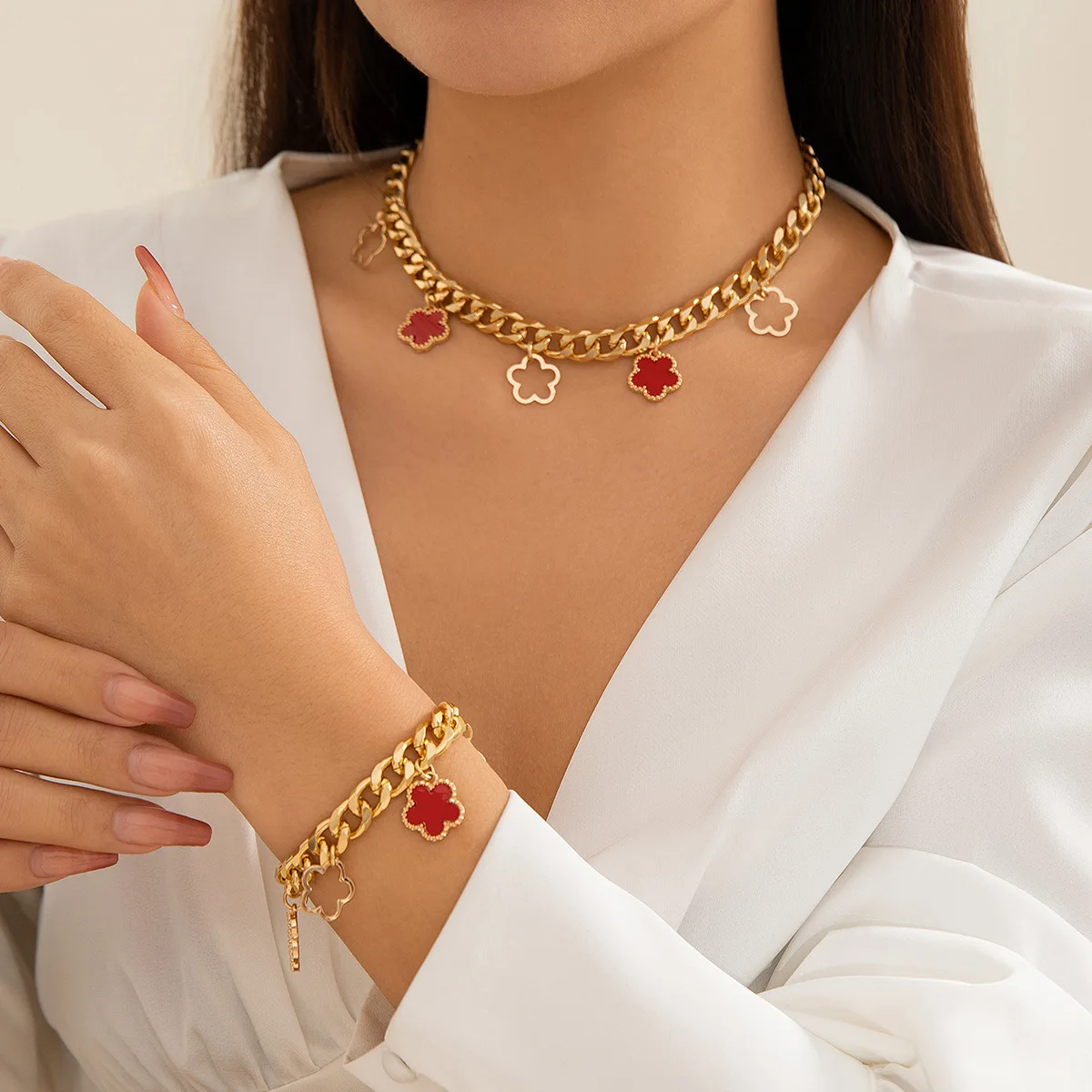 18K Gold Plated Cuban Chain Lucky Clover Charm Necklace Flower four leaf clover bracelet Jewelry Set