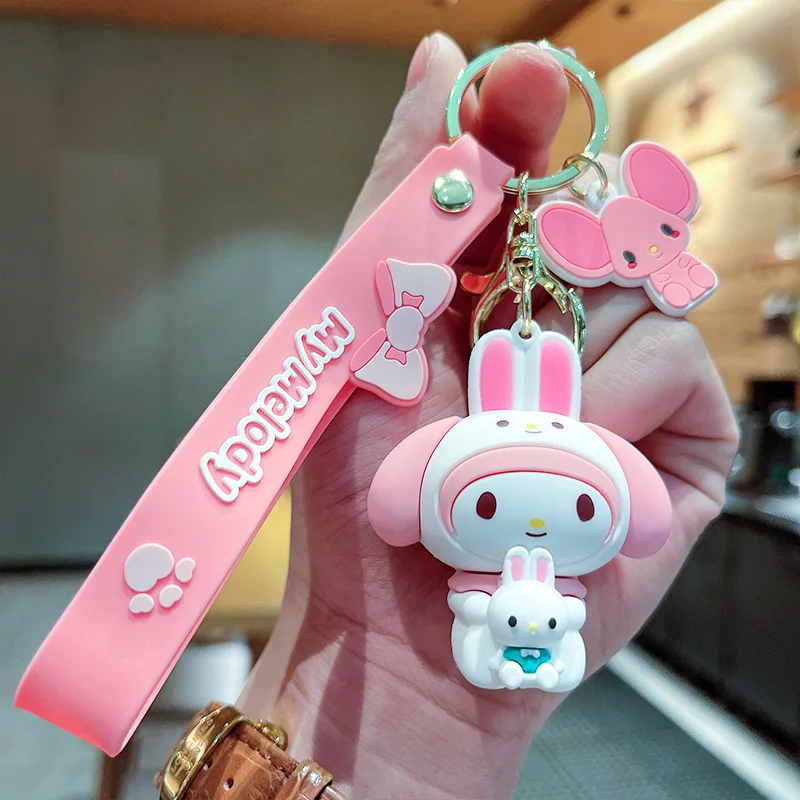 3D PVC Cartoon Kuromi With Bear Figure Cute Car Keyrings Pendant Toys Wholesale Melody Anime Hanging Rubber Ornaments Keychains