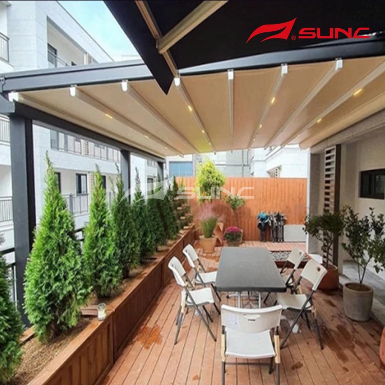 Waterproof Outdoor Aluminum Retractable Roof Cover Folding PVC Pergola With LED Lights