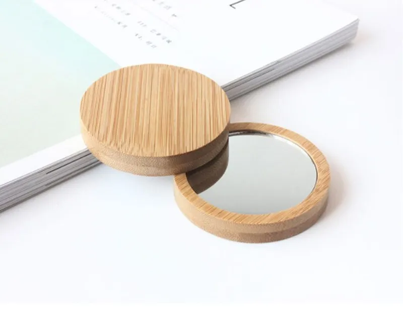Wood Hand Mirror Custom Logo Round Bamboo Pocket Small Mirrors Portable Wood Frame Mirror