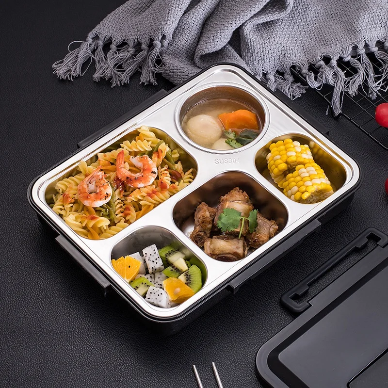 Eco-Friendly Stainless Steel 304 2 Layer Warmer Square 5 compartment with Fork And Spoon  Lunch  Bento Box