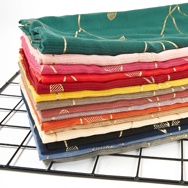 Gold Print Leaf Scarf Hijab Shimmer Cotton Shawls Muslim Headband Wraps Turban Echarpe Foulard Femme Shimmer Hijab