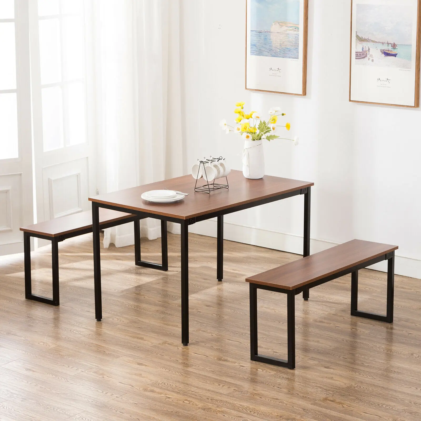 3 Piece Dining Table Set Kitchen Tables Set with Two Benches