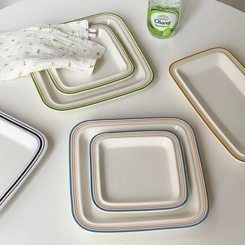 Solhui Ins retro ceramic square dishes home food sushi plates with lines