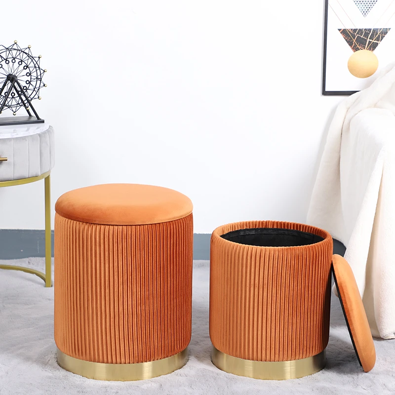 Custom living room furniture fabric stool round pouf modern ottoman storage with gold steel base removable cover stool